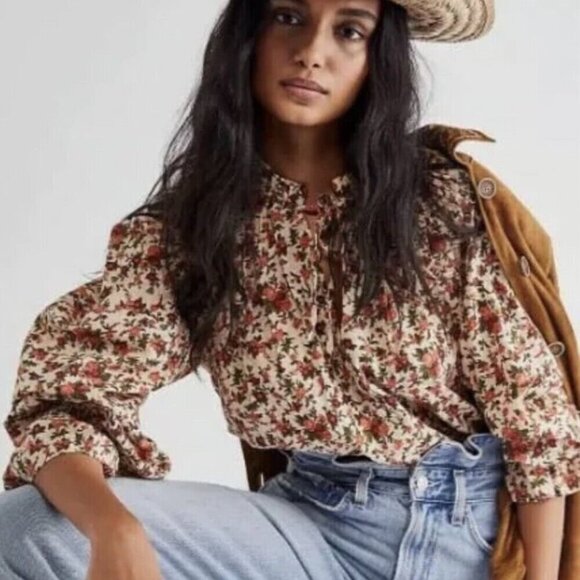 Free People Tops - Floral Tie-Neck Puff Sleeve Blouse - Cream & Rust